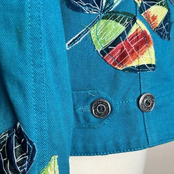 Chico's Design Jacket 2 M Denim Silk Embroidered Floral Hawaiian Parrot Bead VTG - Picture 7 of 11